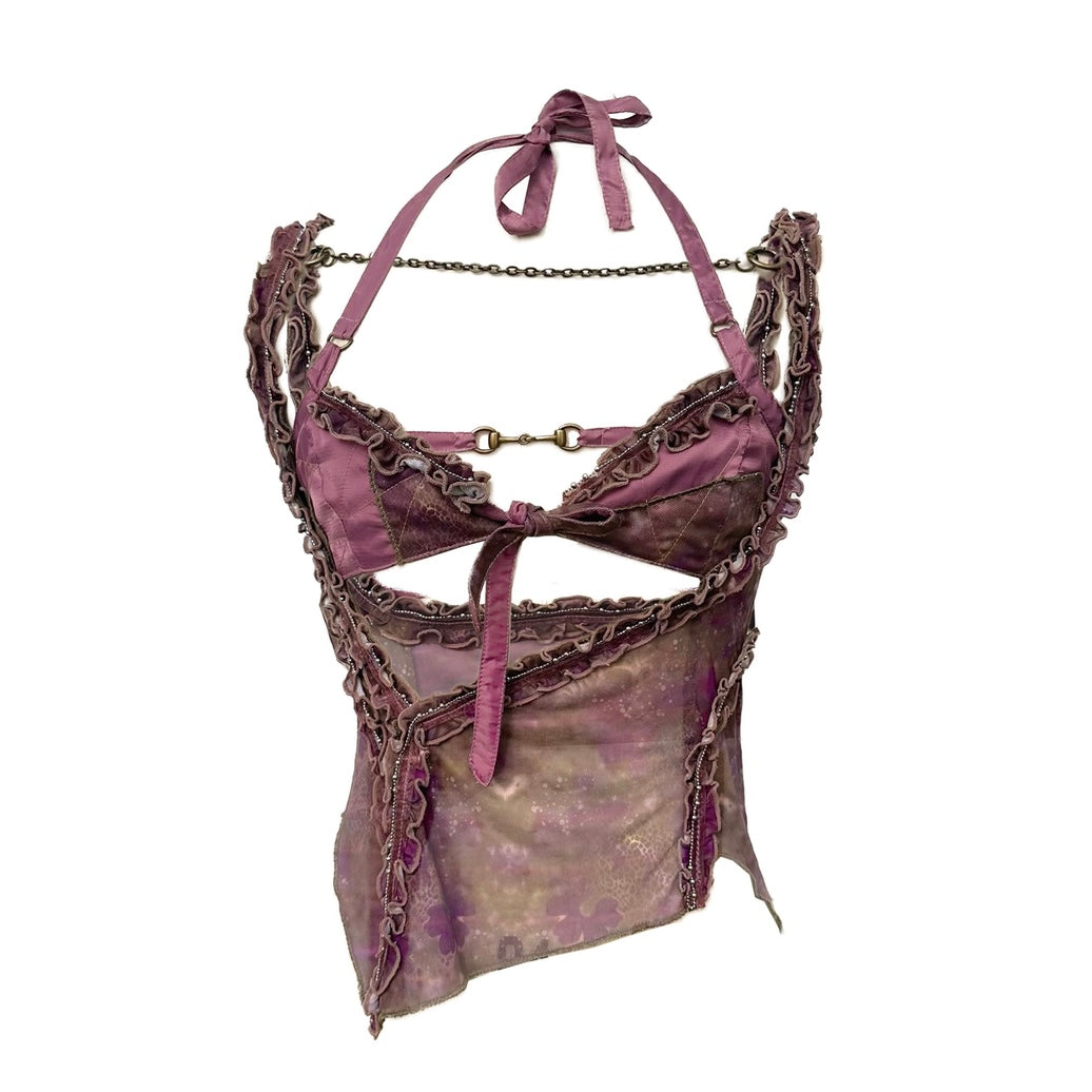 -OPEN AESTHETIC- Printed gauze lace patchwork halter bra top and outer matching