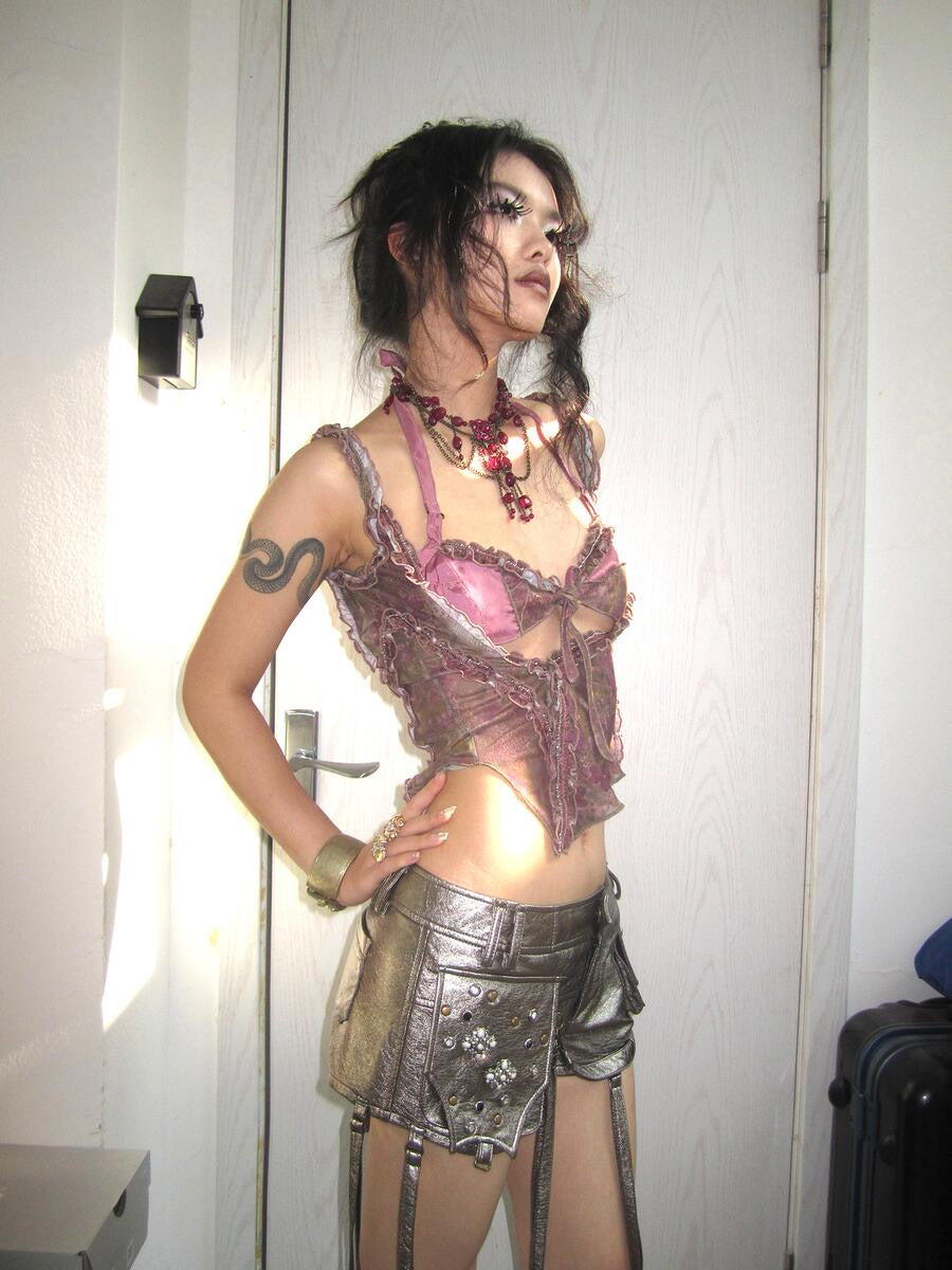 -OPEN AESTHETIC- Printed gauze lace patchwork halter bra top and outer matching