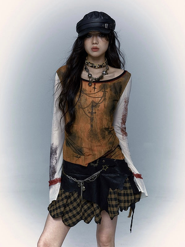 -NO ROMANCE- Print mesh bottoming shirt