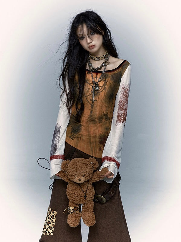 -NO ROMANCE- Print mesh bottoming shirt