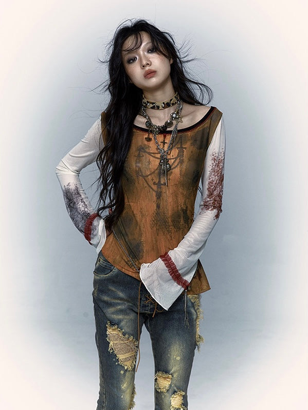-NO ROMANCE- Print mesh bottoming shirt