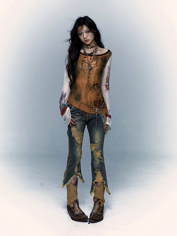 -NO ROMANCE- Print mesh bottoming shirt