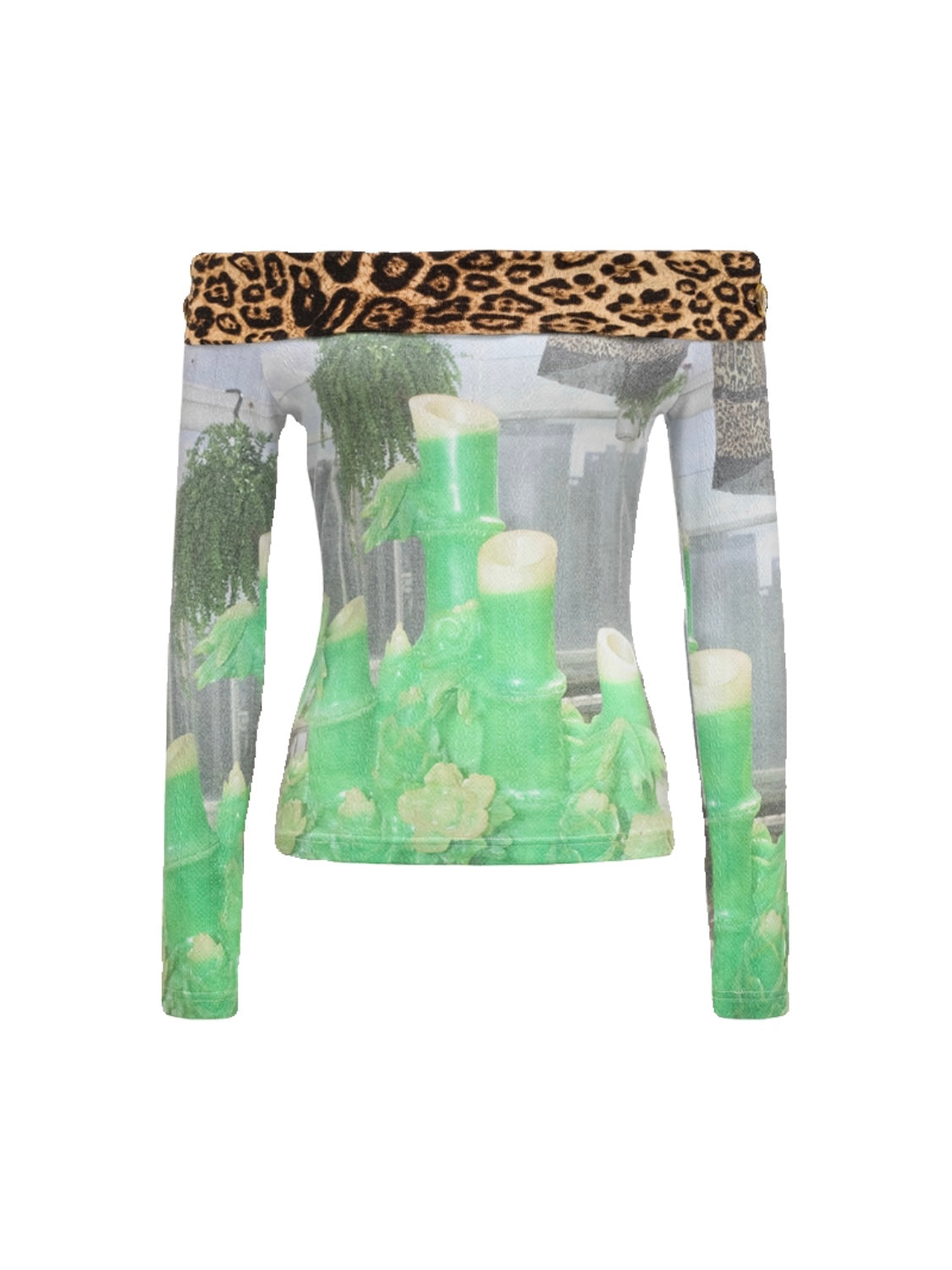 -HuDieGonzZhu- Jade Bamboo Print Top