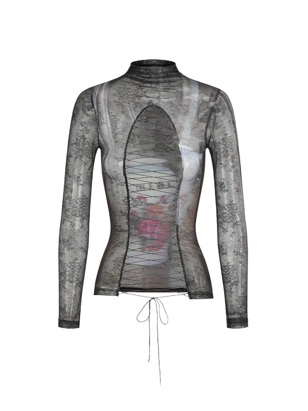 -HuDieGonzZhu- Vase Print Lace Up Top
