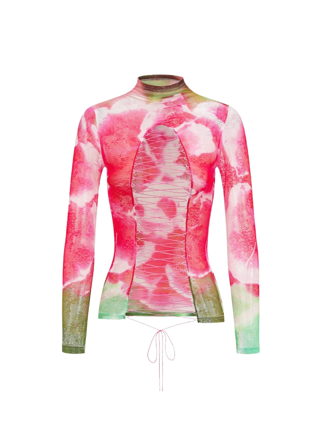 -HuDieGonzZhu- Flower Print Lace Up Top